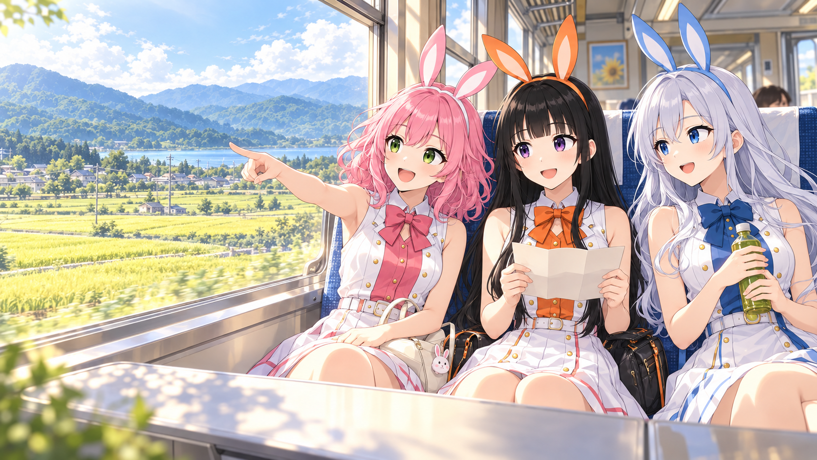 列車の窓辺で旅を楽しむ、みのり・つむぎ・ひよりのイメージイラスト