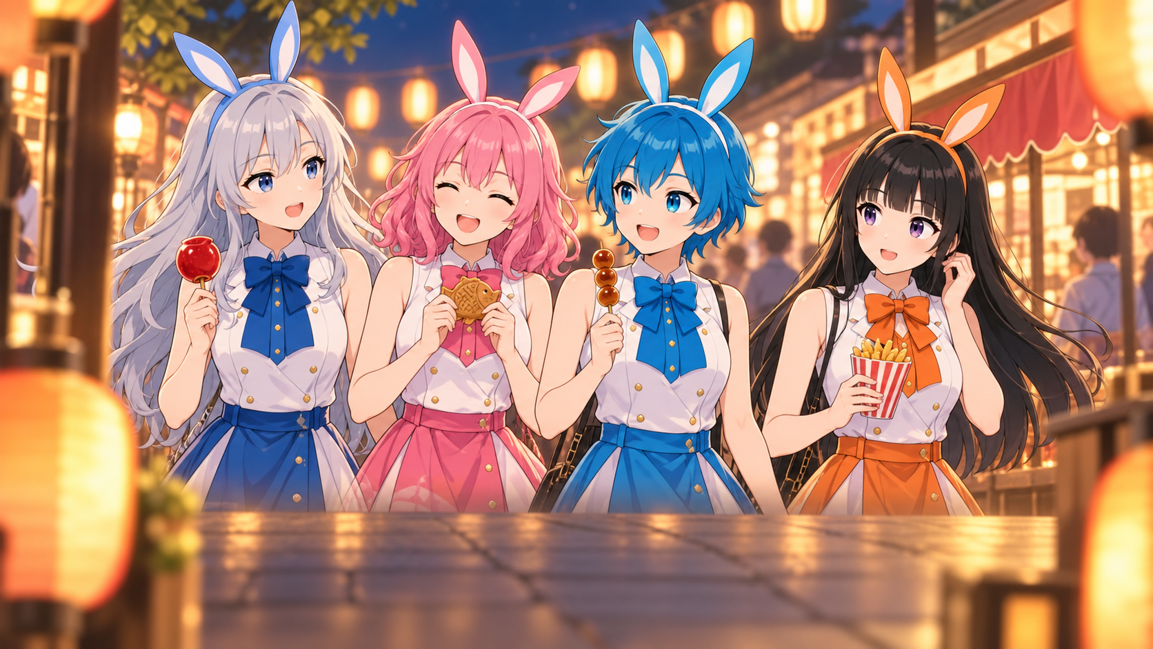 提灯が灯る夜市を歩きながら軽食を楽しむ、4人のVIBANIナビキャラクターのイメージイラスト