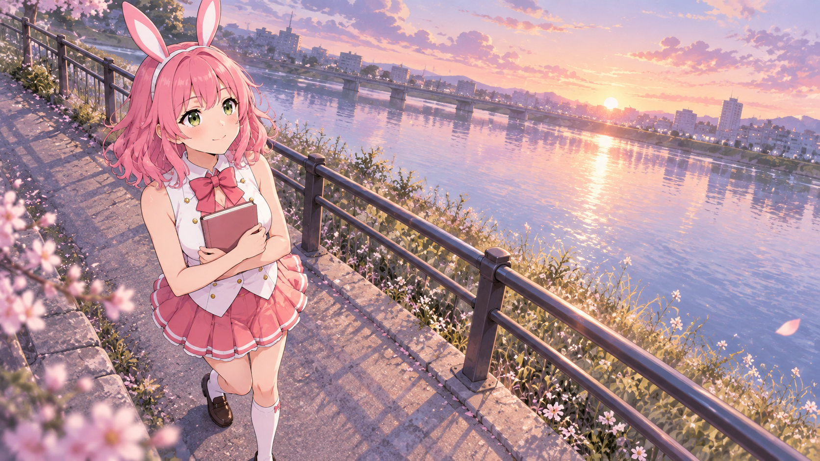 夜明けの川沿いをノートを抱えて歩く、VIBANIナビキャラクターひよりのイメージイラスト