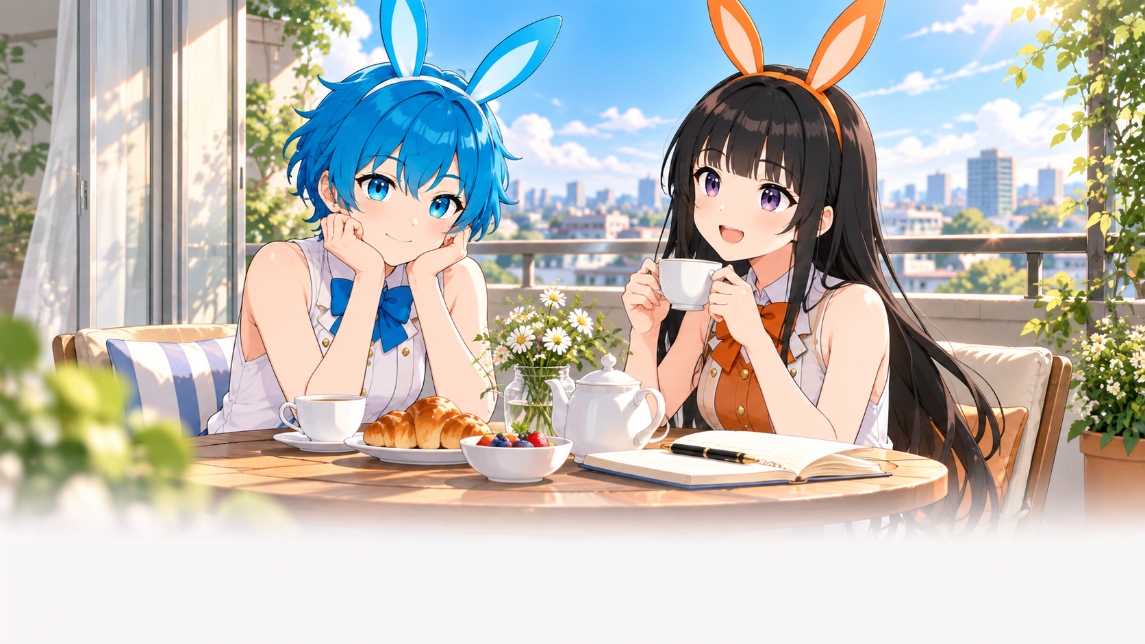 秋の朝のバルコニーで朝食を囲む、VIBANIナビキャラクターあおいとみのりのイメージイラスト