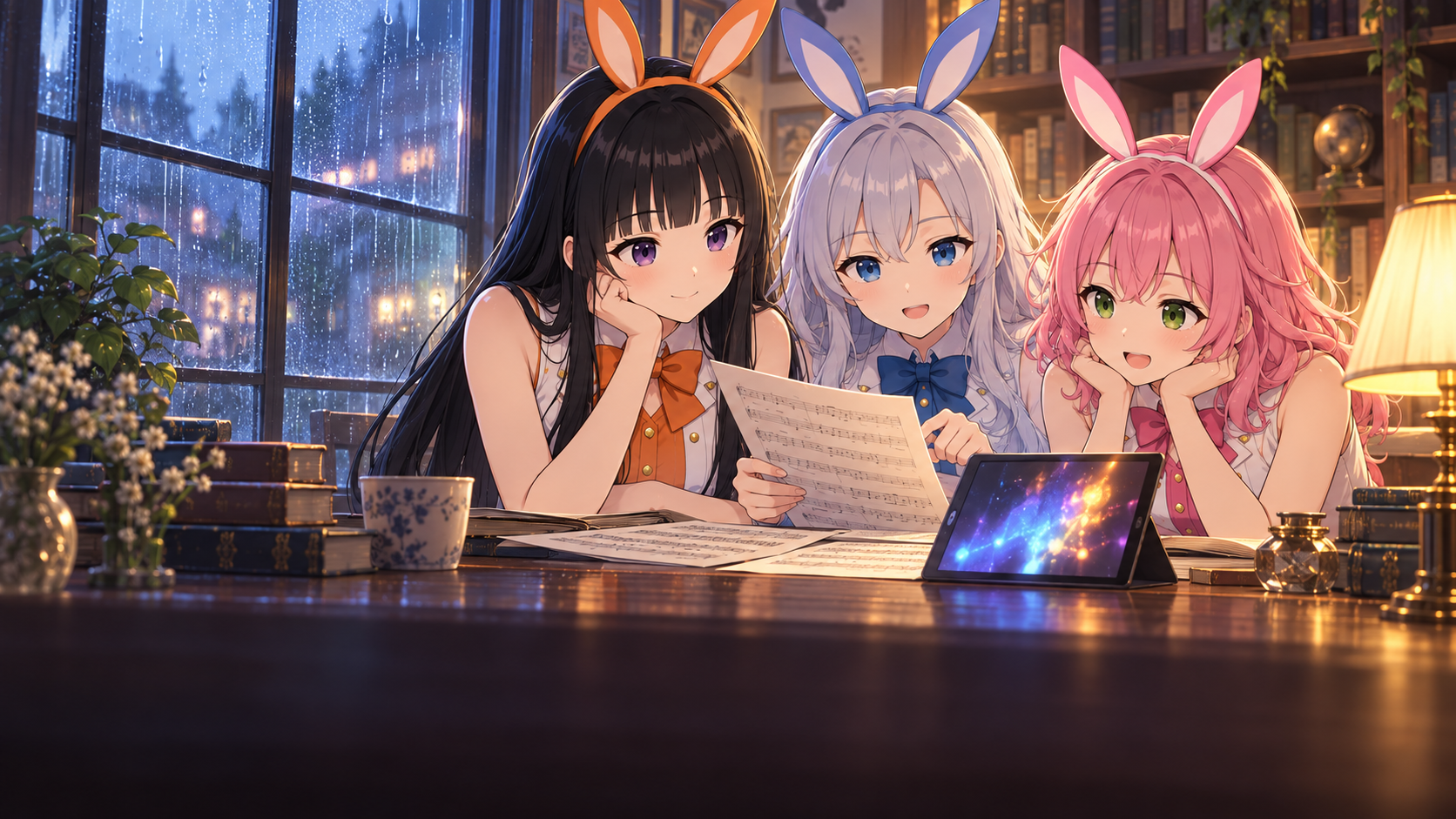 雨の図書室で楽譜とタブレットを囲む、VIBANIナビキャラクターみのり・つむぎ・ひよりのイメージイラスト