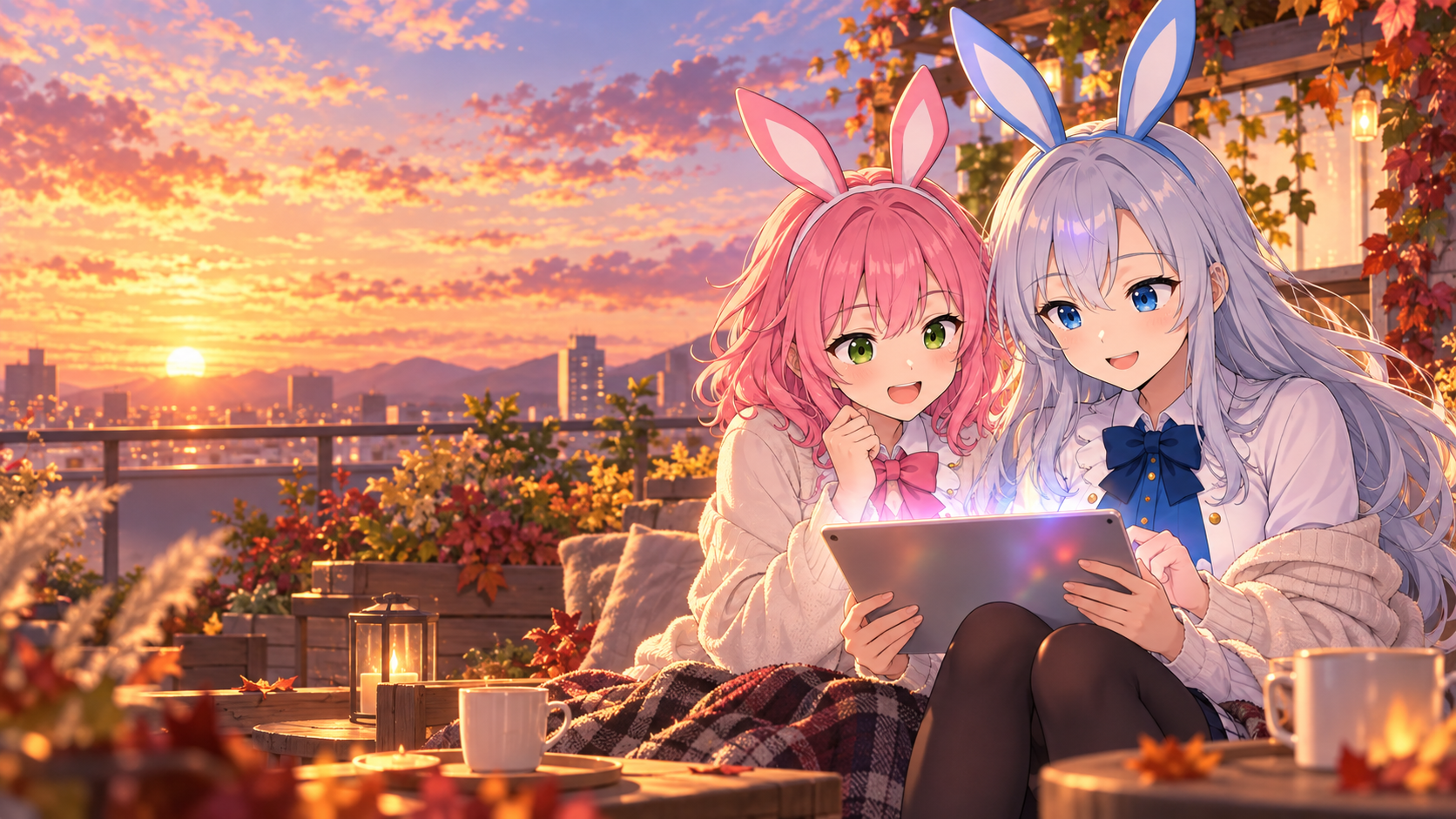 夕暮れの屋上庭園でタブレットを見る、VIBANIナビキャラクターひより・つむぎのイメージイラスト
