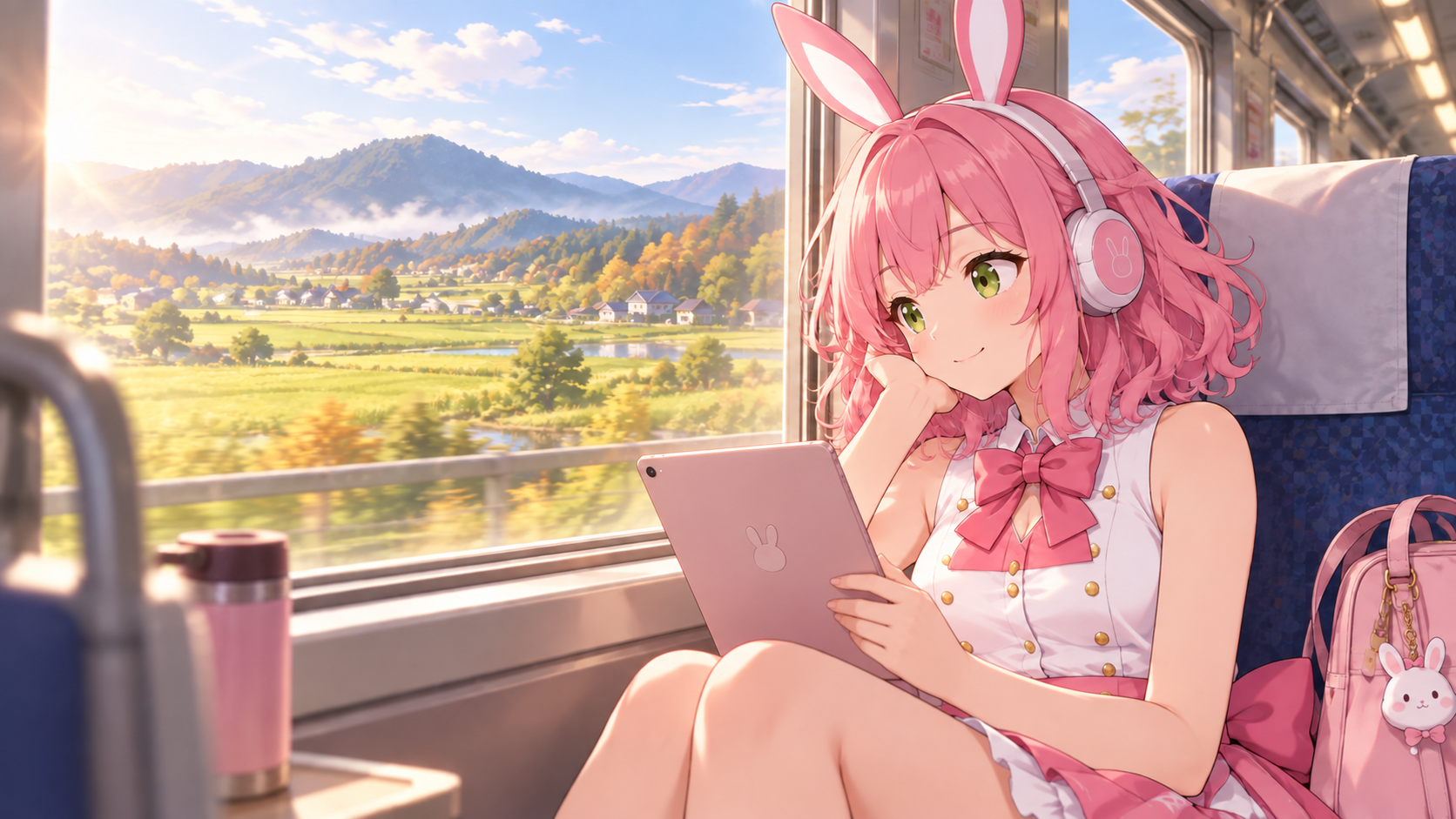 朝の田園を走る列車で、兎マークの背面が見えるタブレットを読むVIBANIナビキャラクターひよりのイメージイラスト