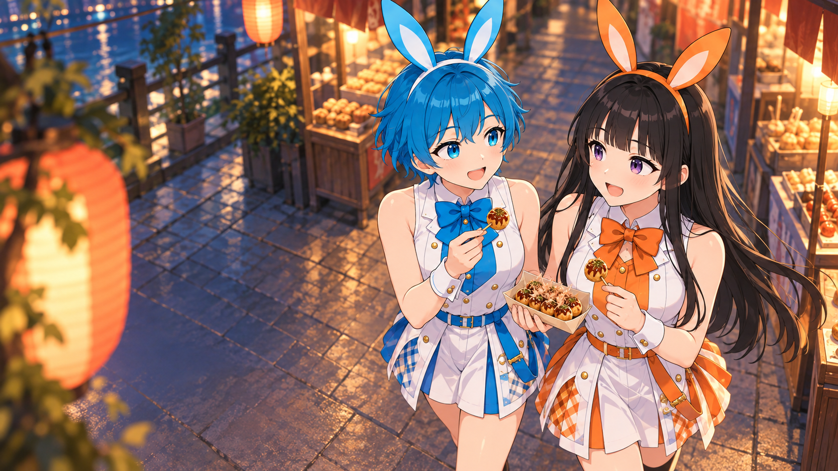 灯りのともる夜市を歩きながら、軽食を分け合って話すVIBANIナビキャラクターのアオイとミノリのイメージイラスト