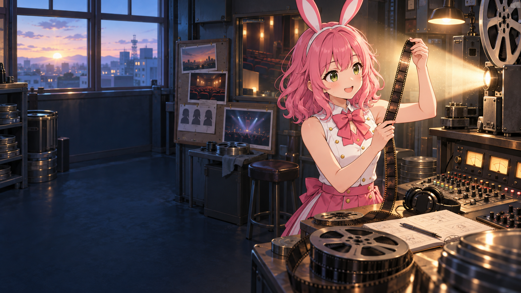 夜明けの映写室でフィルムを確認するVIBANIナビキャラクターひよりのイメージイラスト