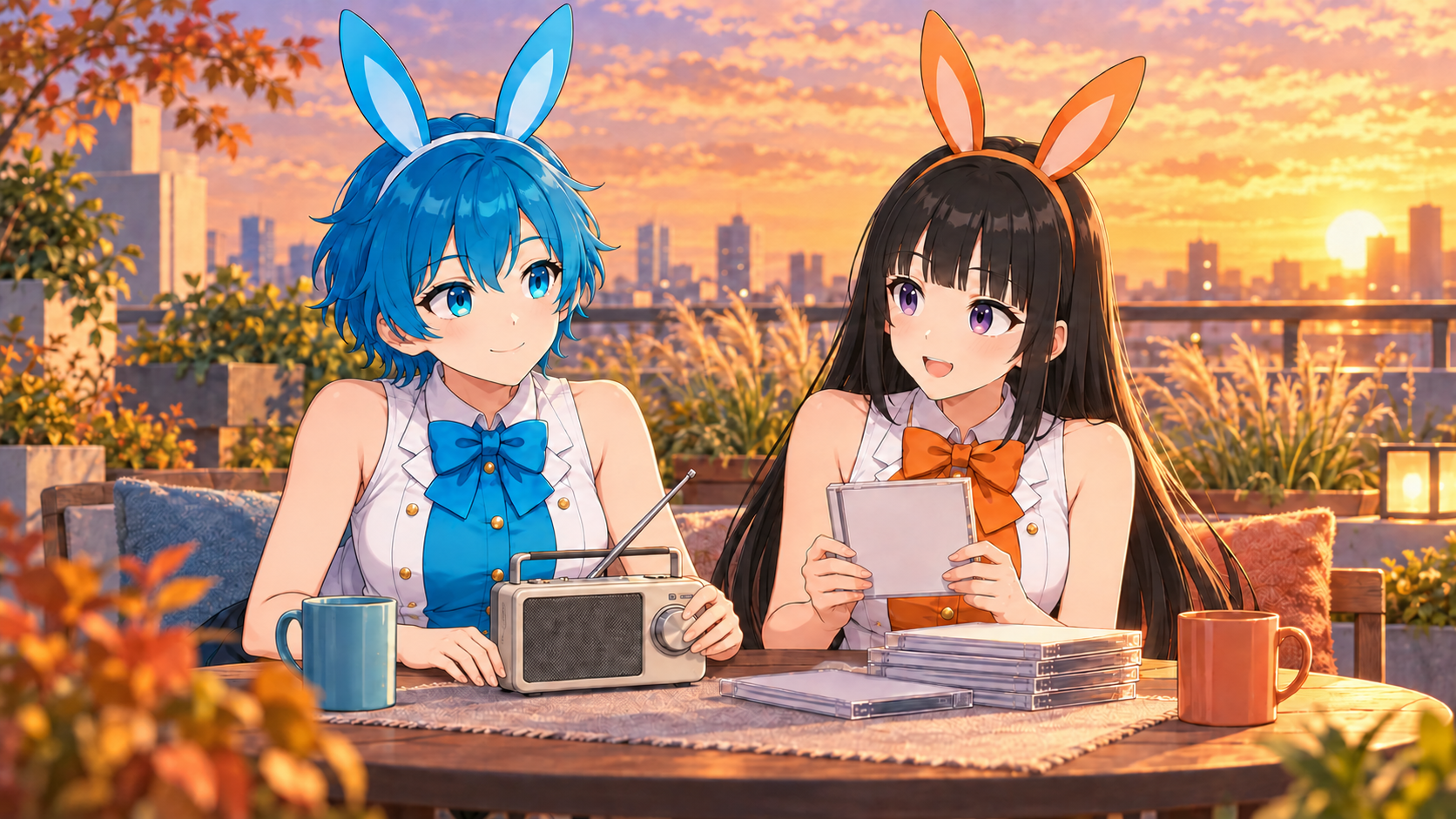 秋の夕暮れの屋上庭園でラジオとCDを囲みながら話すVIBANIナビキャラクターのイメージイラスト