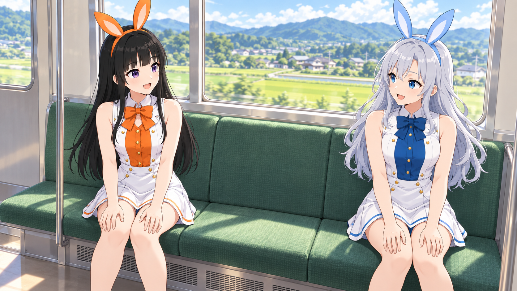緑の田園を走る昼の電車内で、離れて座り語り合う黒髪と銀髪のVIBANIナビキャラクターのイメージイラスト