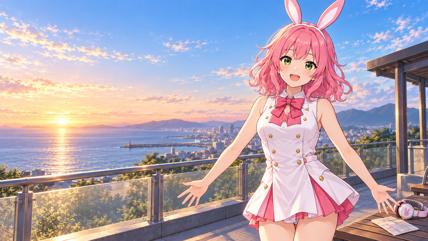 海と街を見渡す朝の展望デッキで、両手を広げるピンク髪のVIBANIナビキャラクターのイメージイラスト