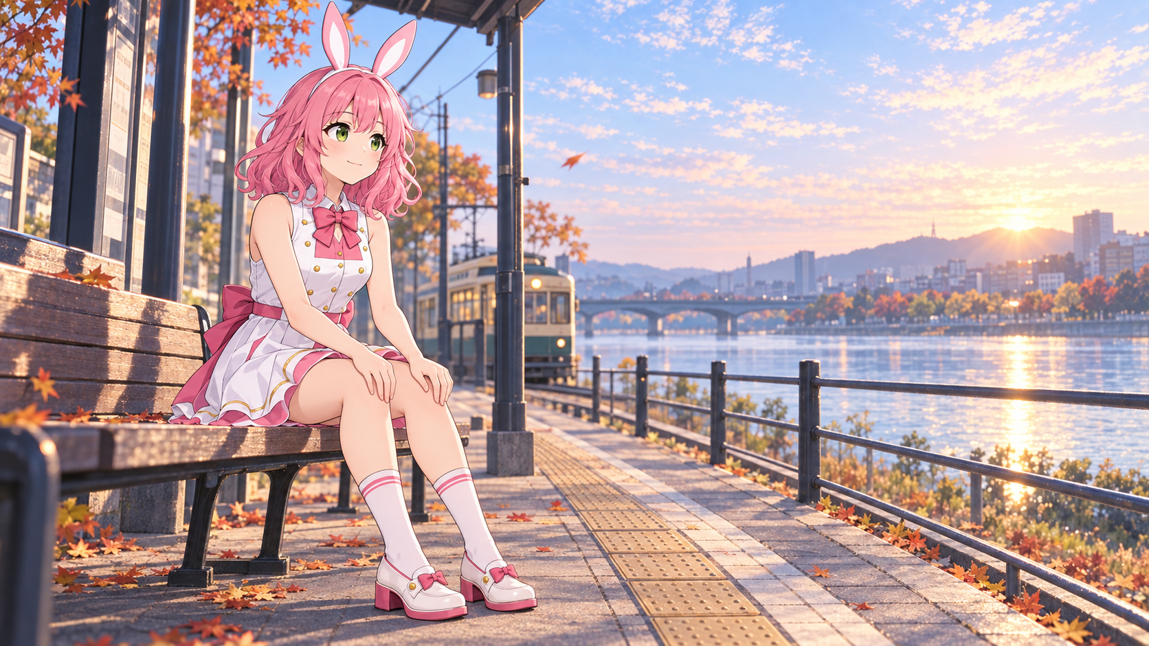 秋の朝、川沿いの路面電車停留所のベンチに座るピンク髪のVIBANIナビキャラクターのイメージイラスト