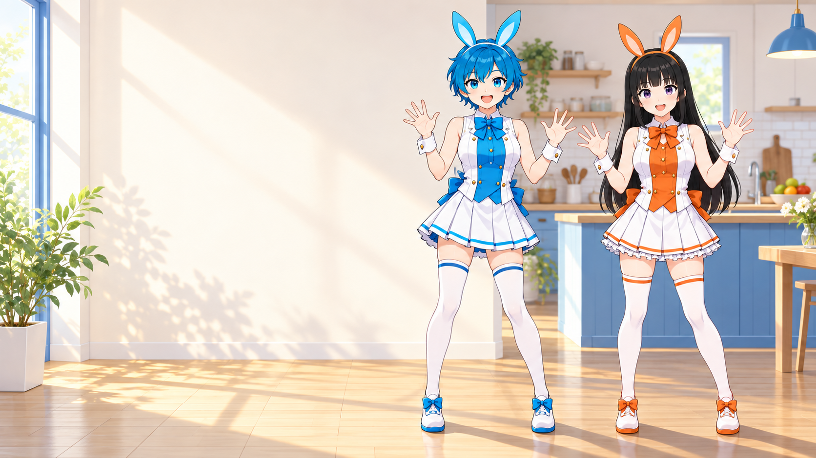 朝の明るいキッチンで全身を見せて手を振る青髪と黒髪のVIBANIナビキャラクターのイメージイラスト