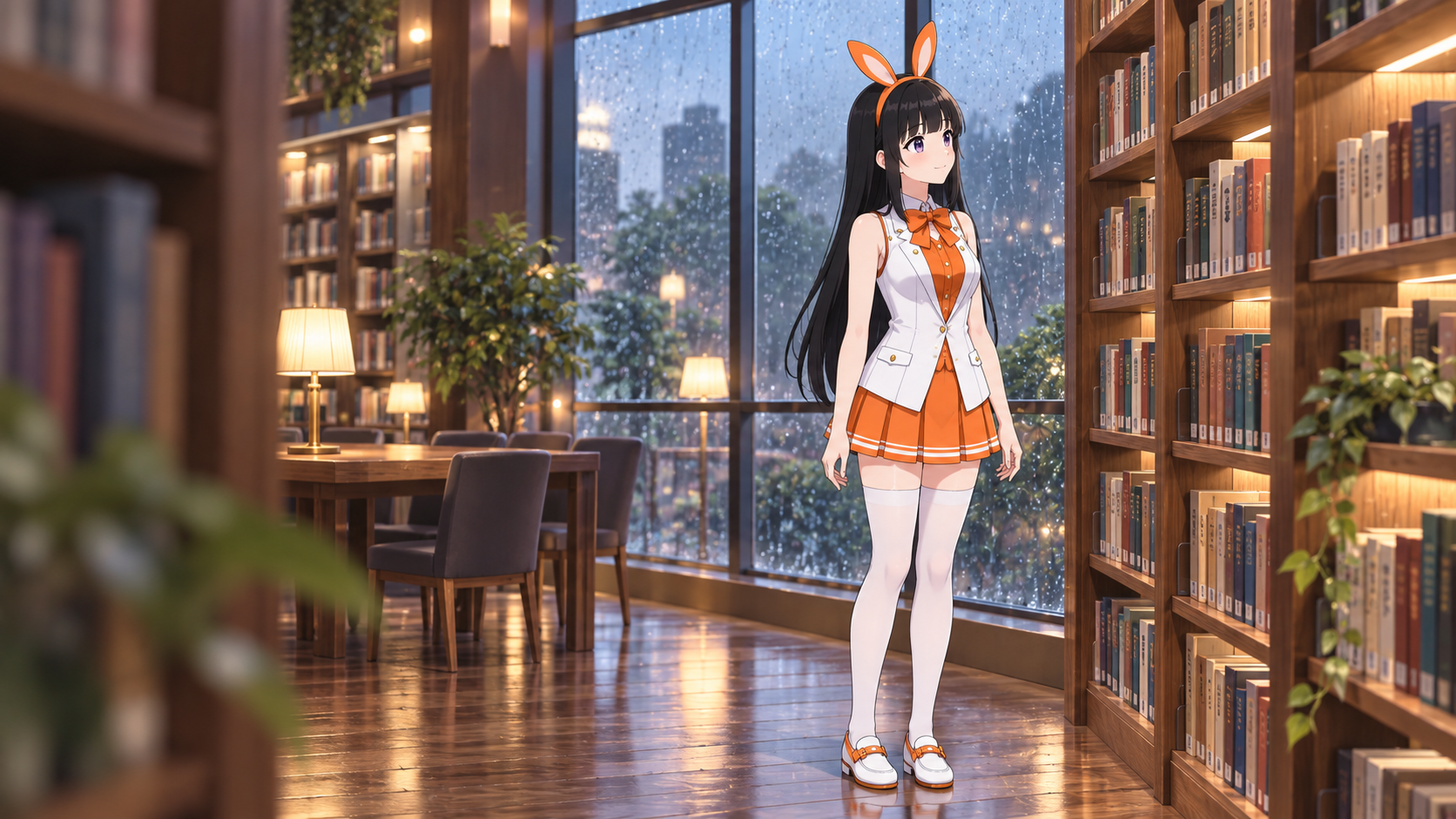 雨の午後の図書館で、本棚のそばに全身を見せて立つ黒髪のVIBANIナビキャラクターのイメージイラスト