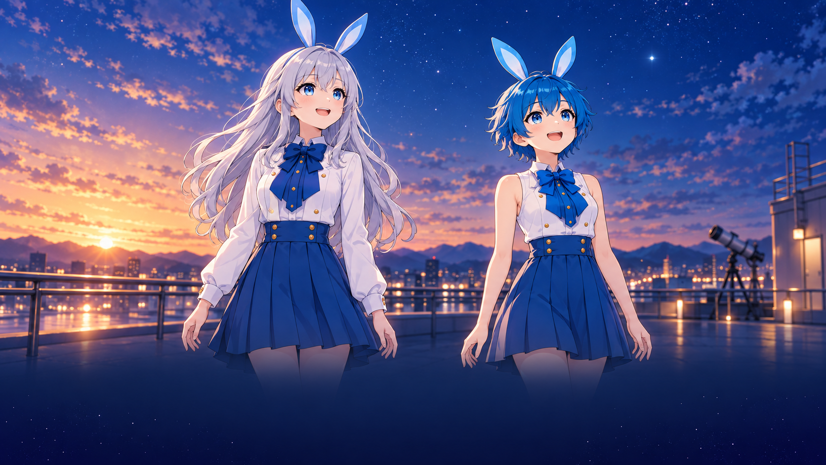 星が見え始めた秋の夕暮れの屋上で、互いに間隔を空けて空を見上げる銀髪と青髪のVIBANIナビキャラクターのイメージイラスト