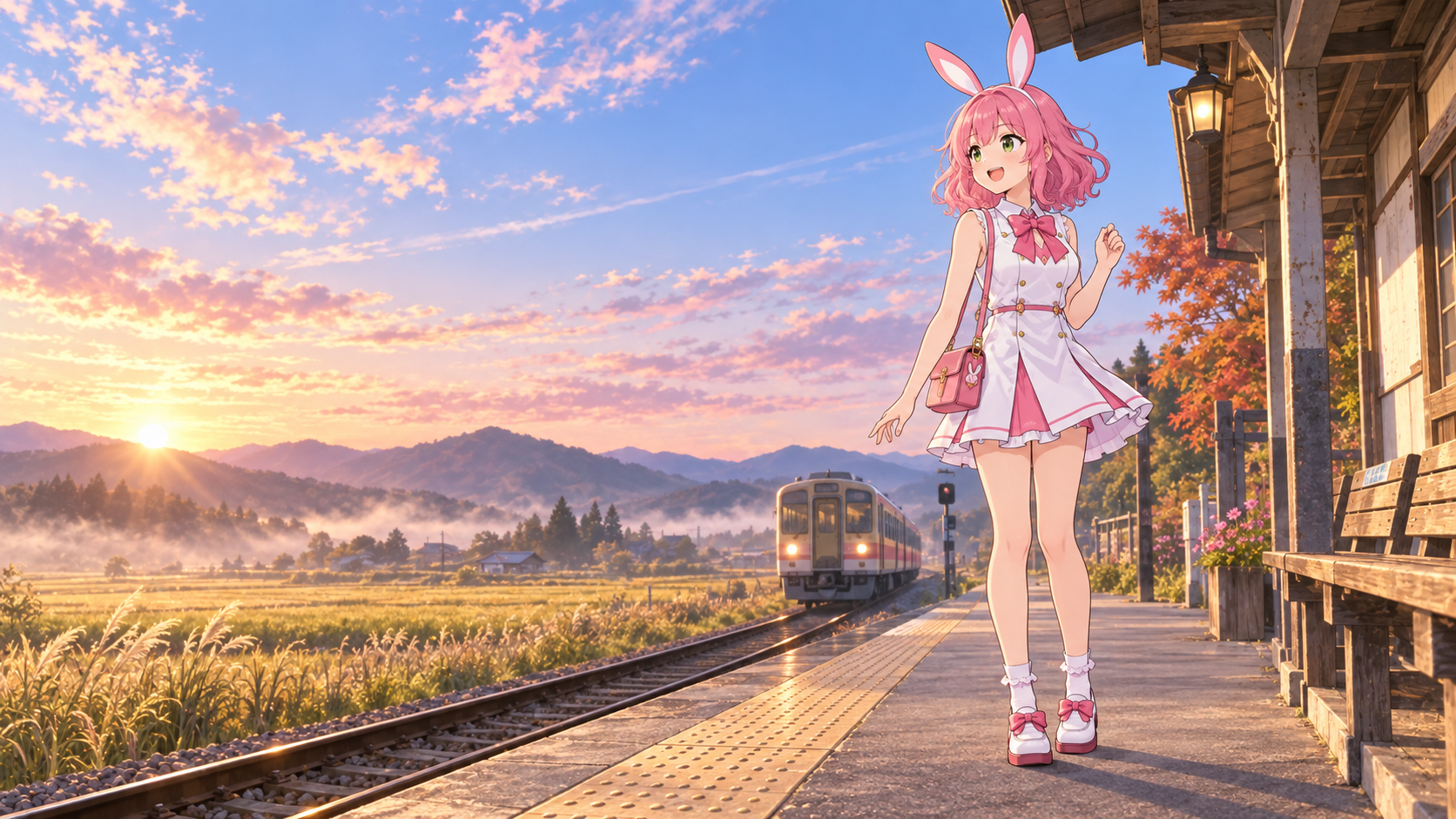 秋の朝焼けに包まれた田園の駅で、到着する列車を見ながら立つピンク髪のVIBANIナビキャラクターのイメージイラスト
